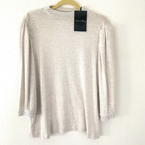 A Love Story Zelda Oatmeal Heather Long Sleeve Embellished Sweater
